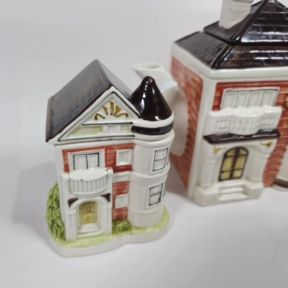 Vintage Otagiri 2Pc Hand Painted Cottage House Teapot and Sugar Set Japan